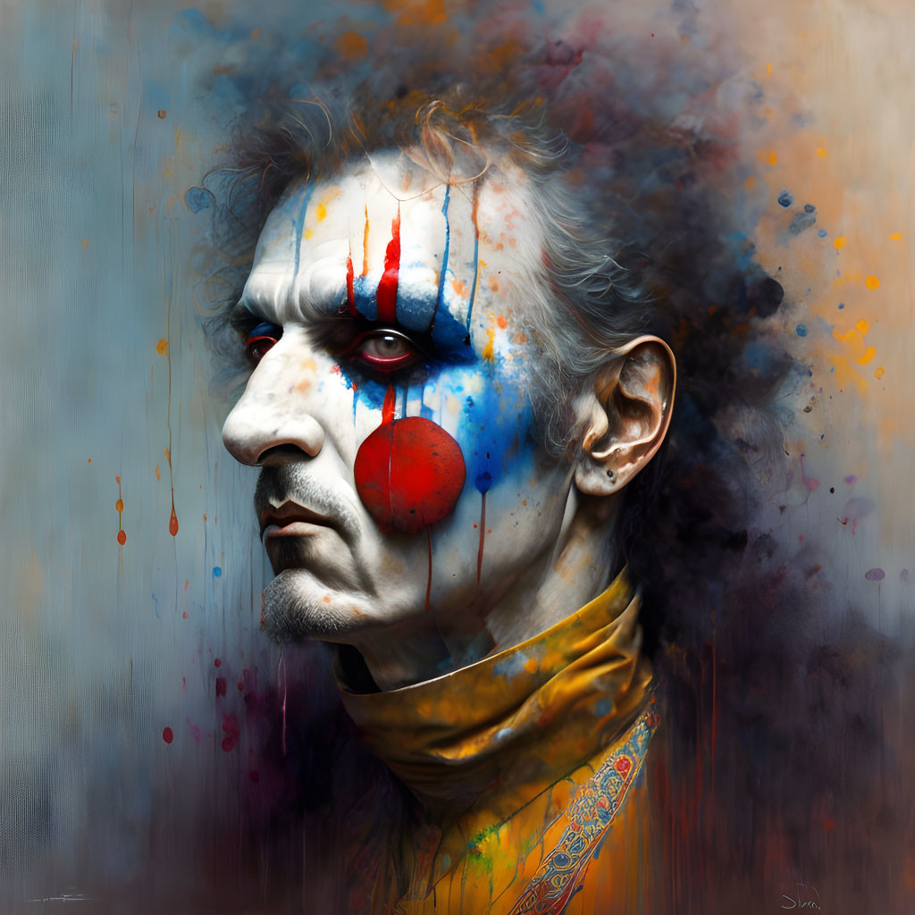 Detailed Painting: Somber Clown with Weathered Features and Colorful Splatters