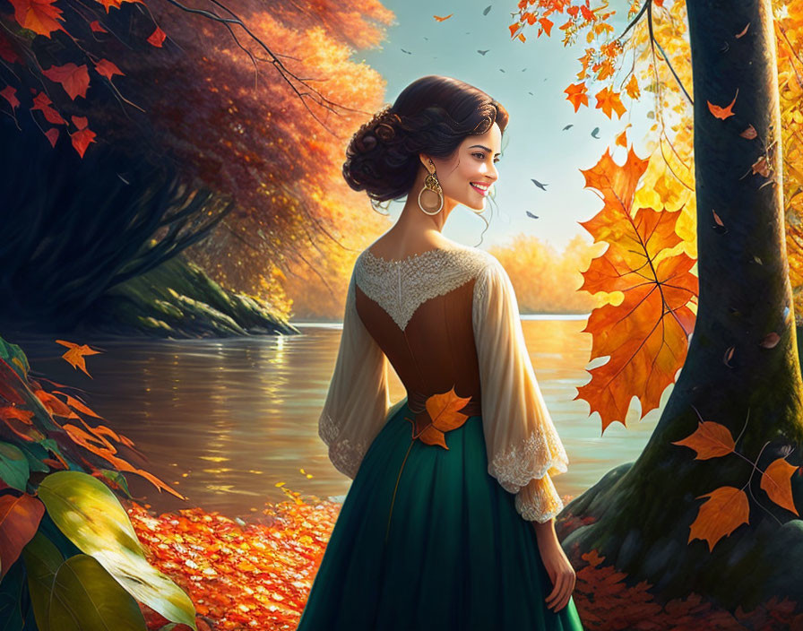 Smiling woman in vintage dress by autumn lake