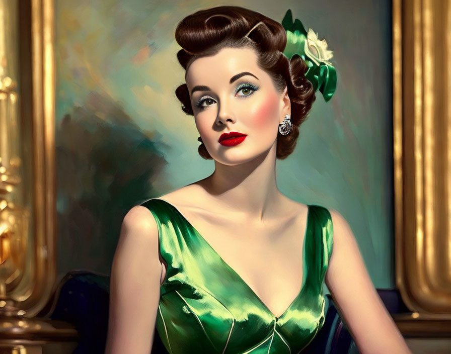 Elegant vintage portrait of a woman in green dress