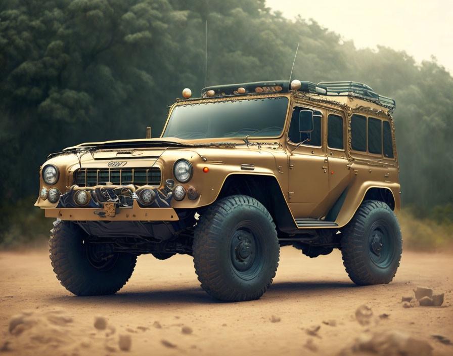 Off-road tan vehicle with snorkel, roof lights, and chunky tires in forest setting