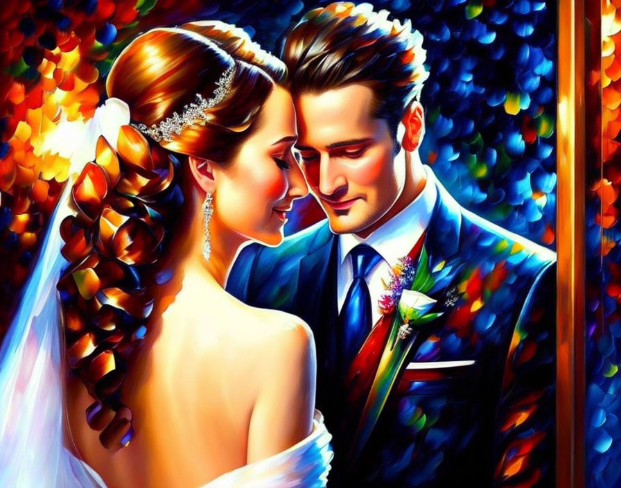 Colorful Painting of Bride and Groom in Intimate Pose