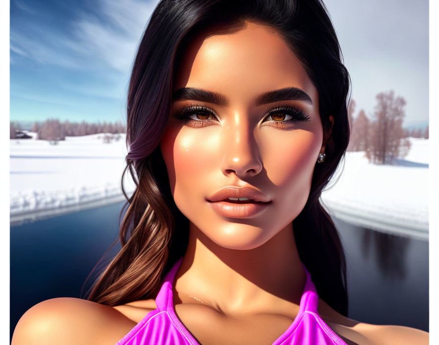 Woman with striking features in pink top against snowy landscape