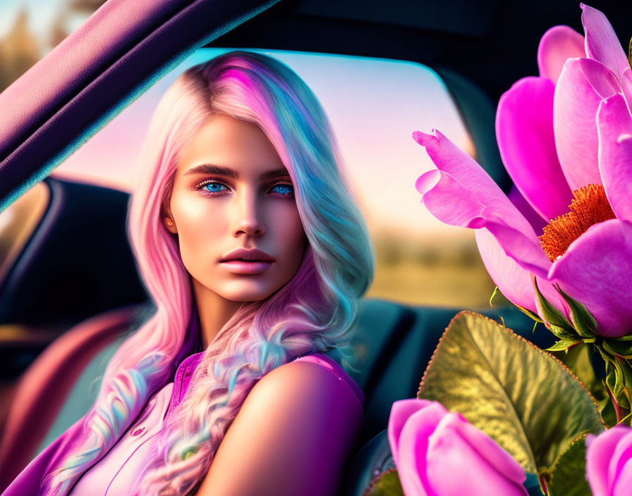 Pastel-haired woman with blue eyes seen through car window with pink flowers.