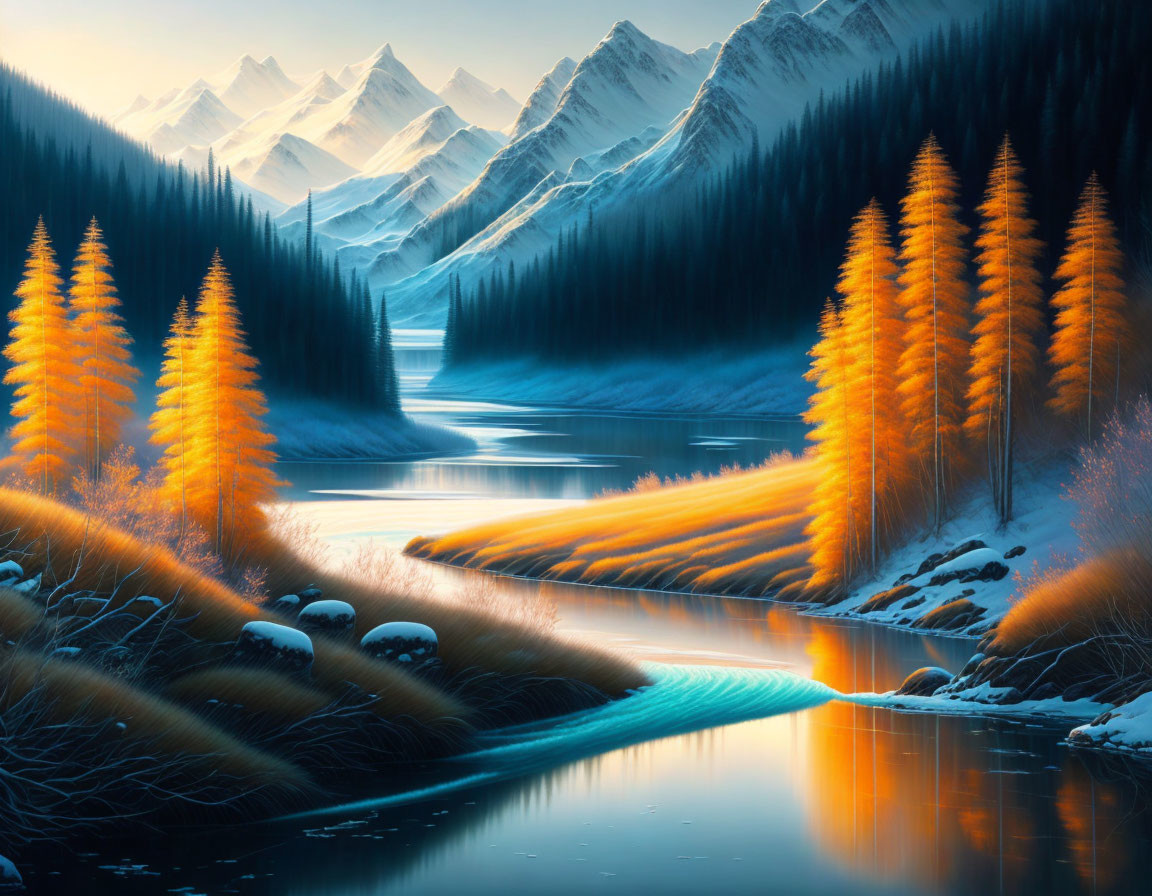 River landscape with golden trees, mountains, and blue sky