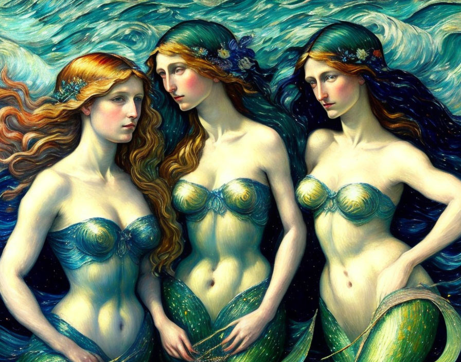 Three mermaids in ornate seashell bras against swirling sea.