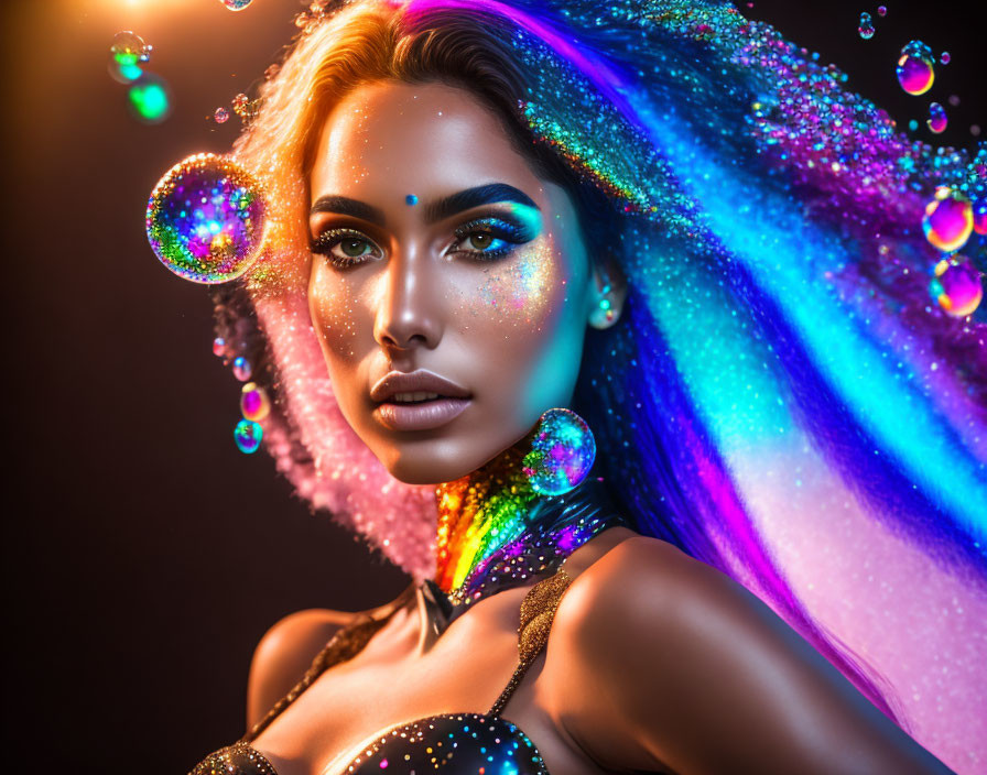 Colorful portrait of woman with glittery makeup and neon hair in dark setting