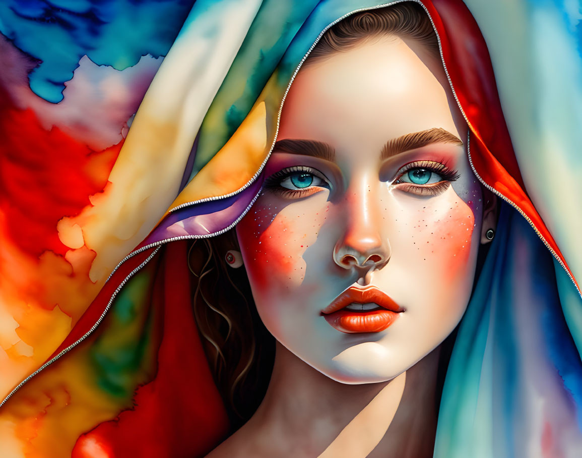 Colorful digital portrait of woman with blue eyes in abstract background