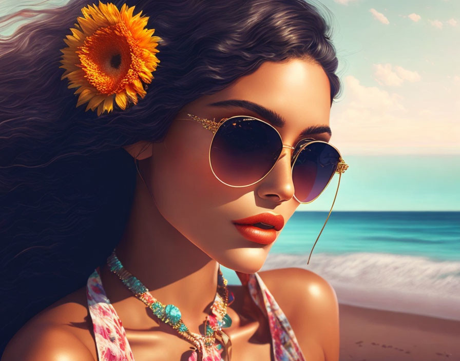 Woman with Curly Hair, Sunglasses, Sunflower, and Ocean Background