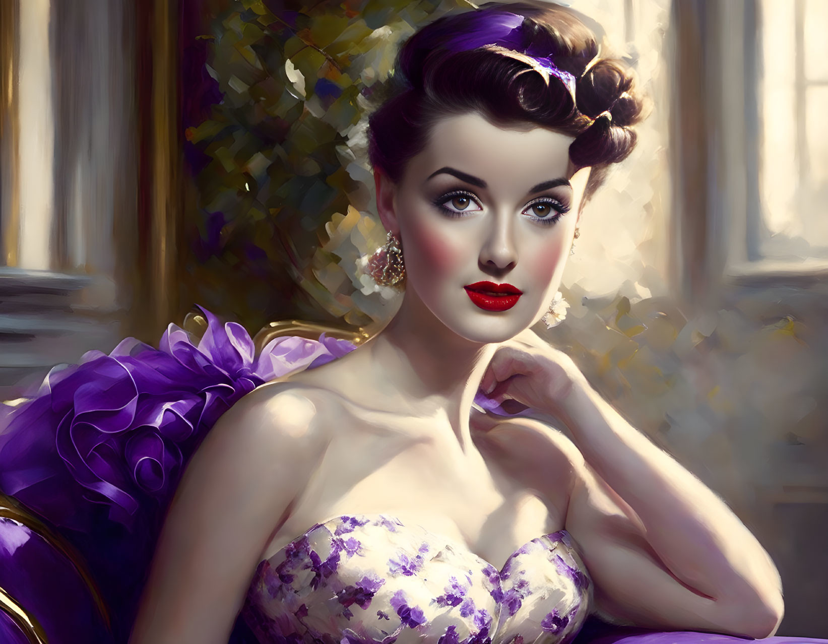 Illustrated woman in purple floral dress against luxurious backdrop