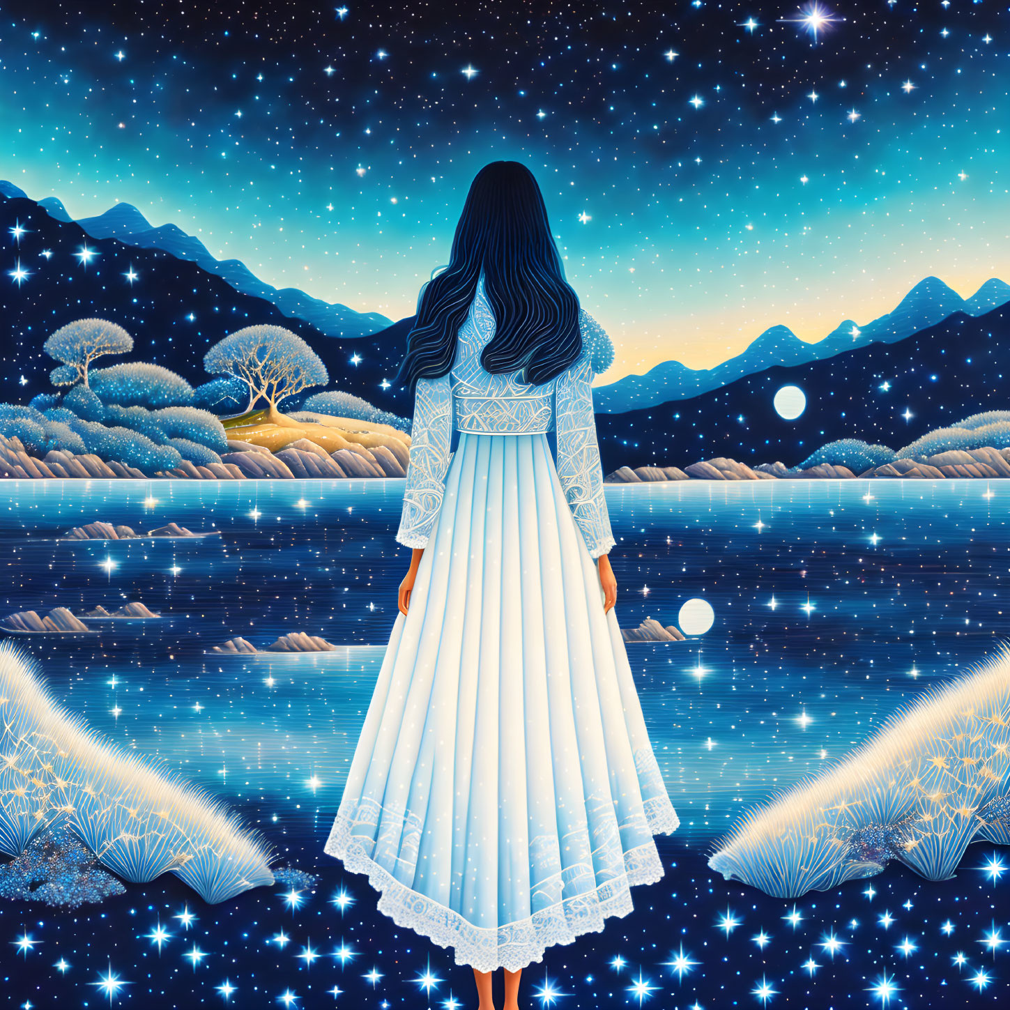 Woman in blue dress admiring serene night scene with stars, lake, mountains.