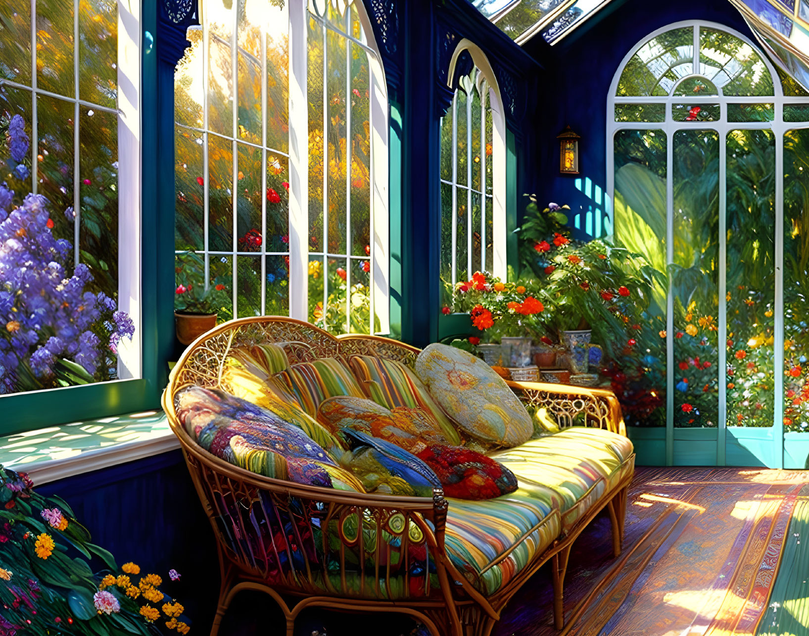 Sunlit Room with Rattan Couch and Vibrant Flowers