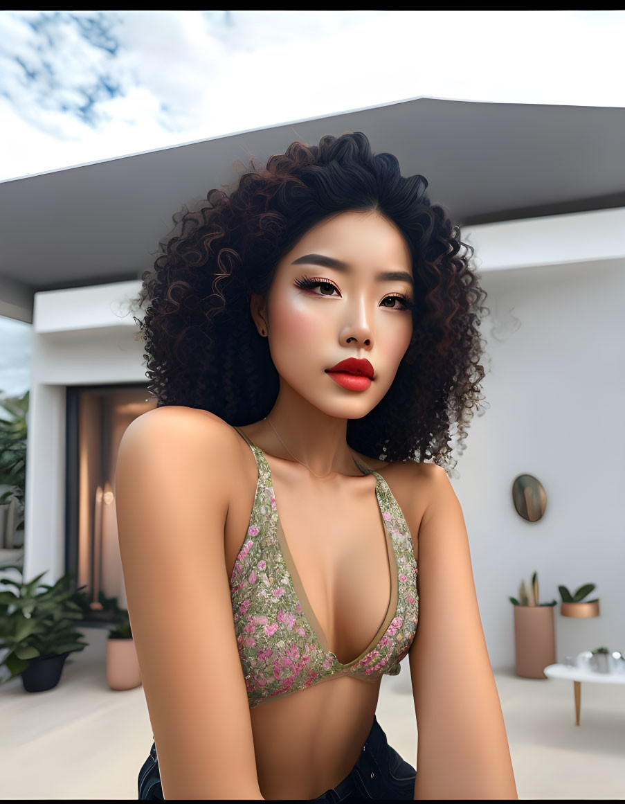 Digital artwork: Woman with curly hair and red lipstick in floral top, modern home backdrop