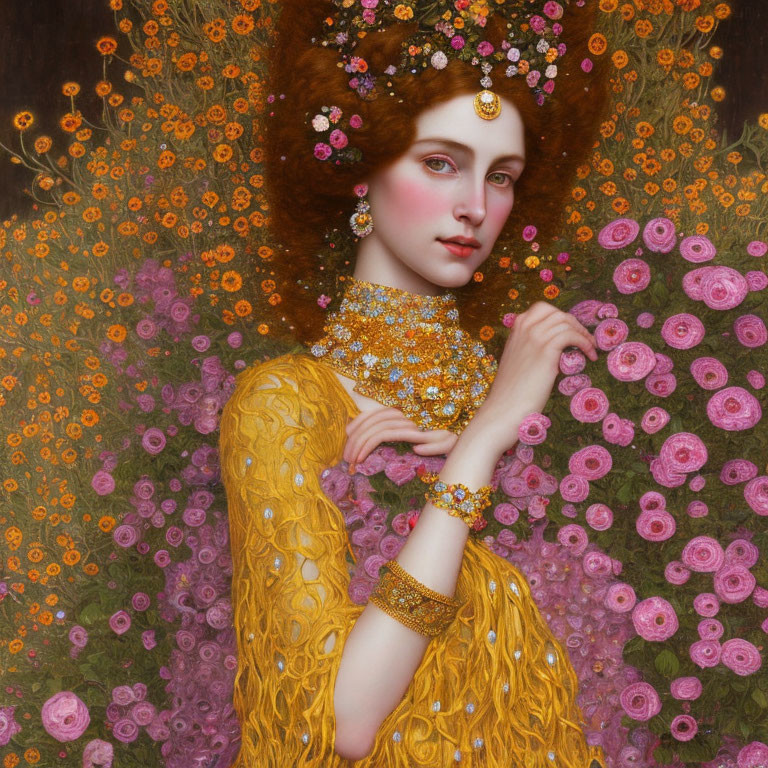 Portrait of Woman with Auburn Hair in Golden Dress and Floral Adornments