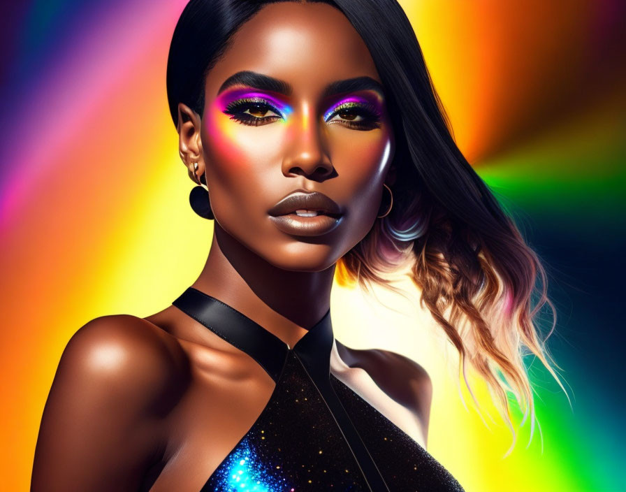 Vibrant multicolored eye makeup and glossy lips with sparkling black outfit pose against rainbow background