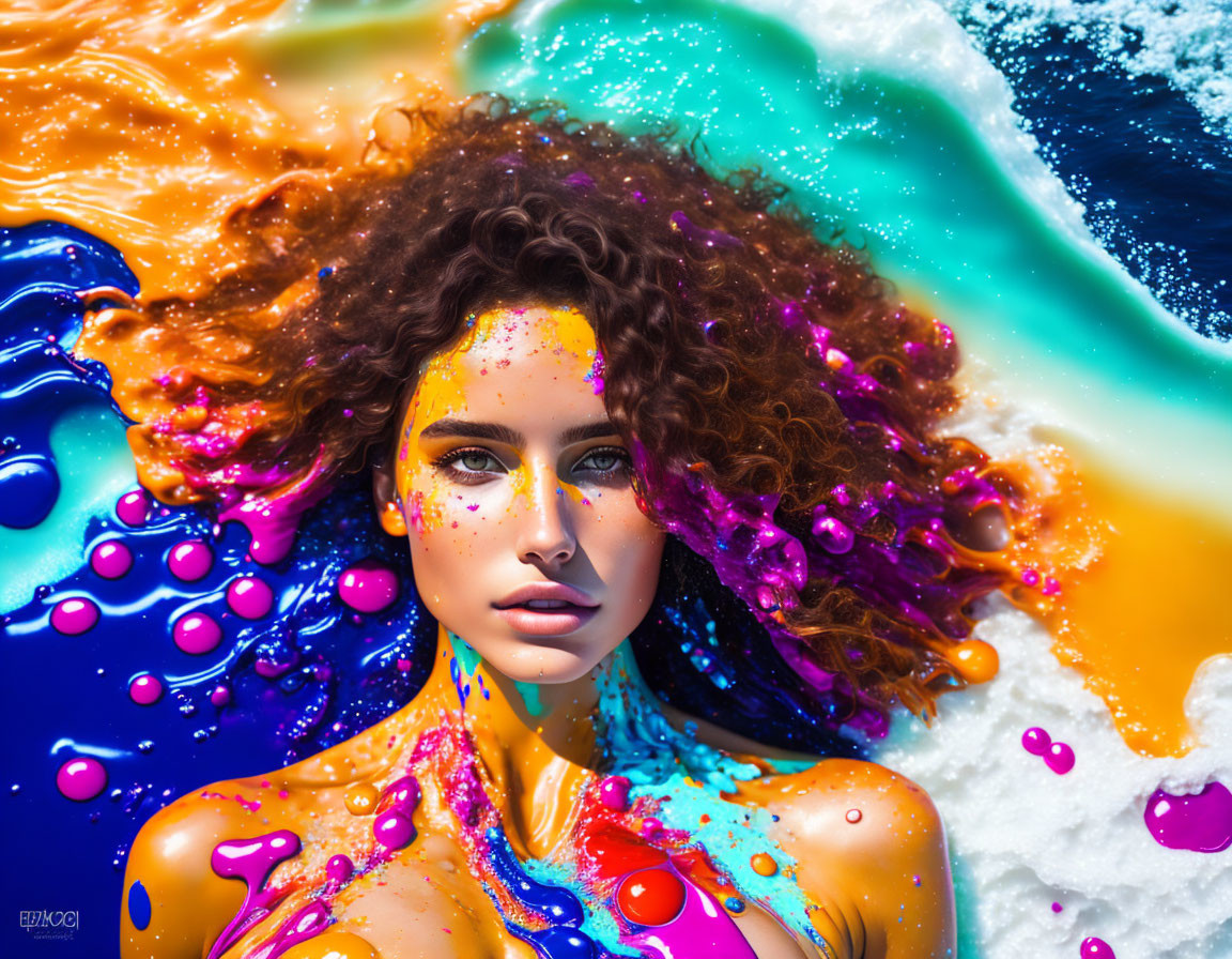 Colorful digital artwork: Woman with curly hair and paint splatters by ocean waves