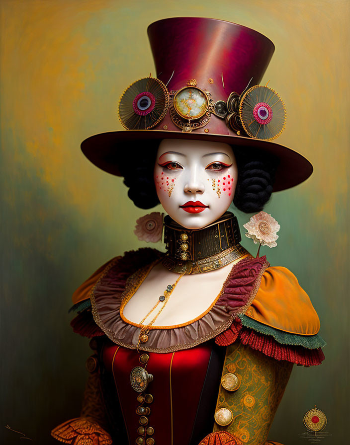 Elaborate steampunk attire with top hat and cogwheel accents