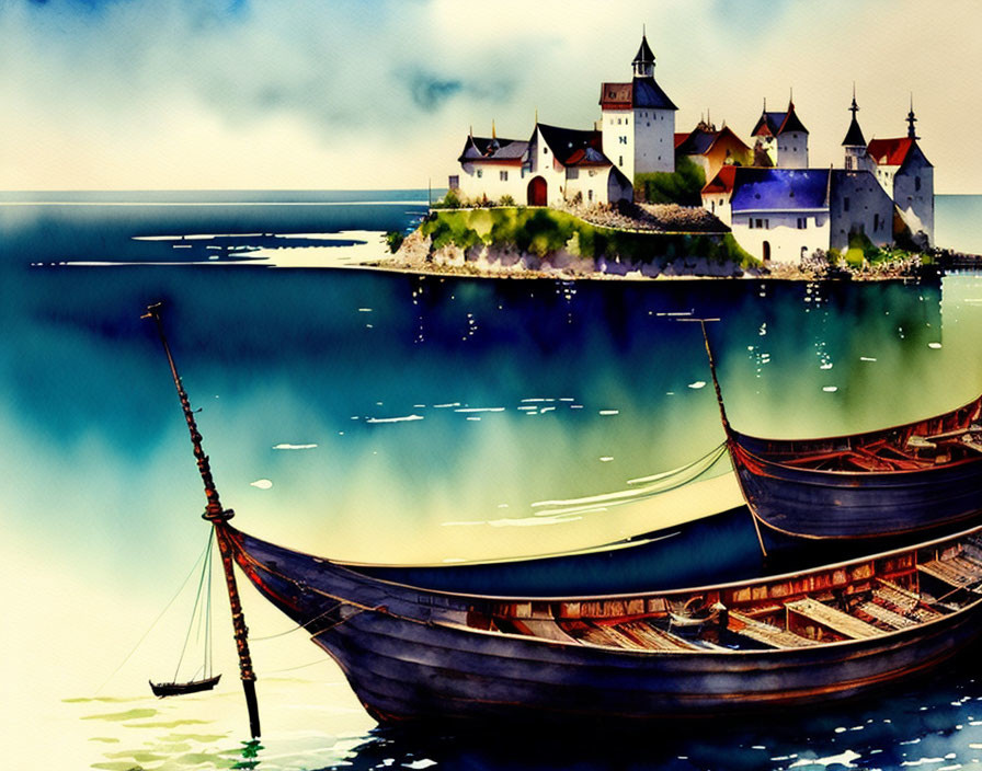 Vibrant medieval seaside village with castles and Viking ships at dock