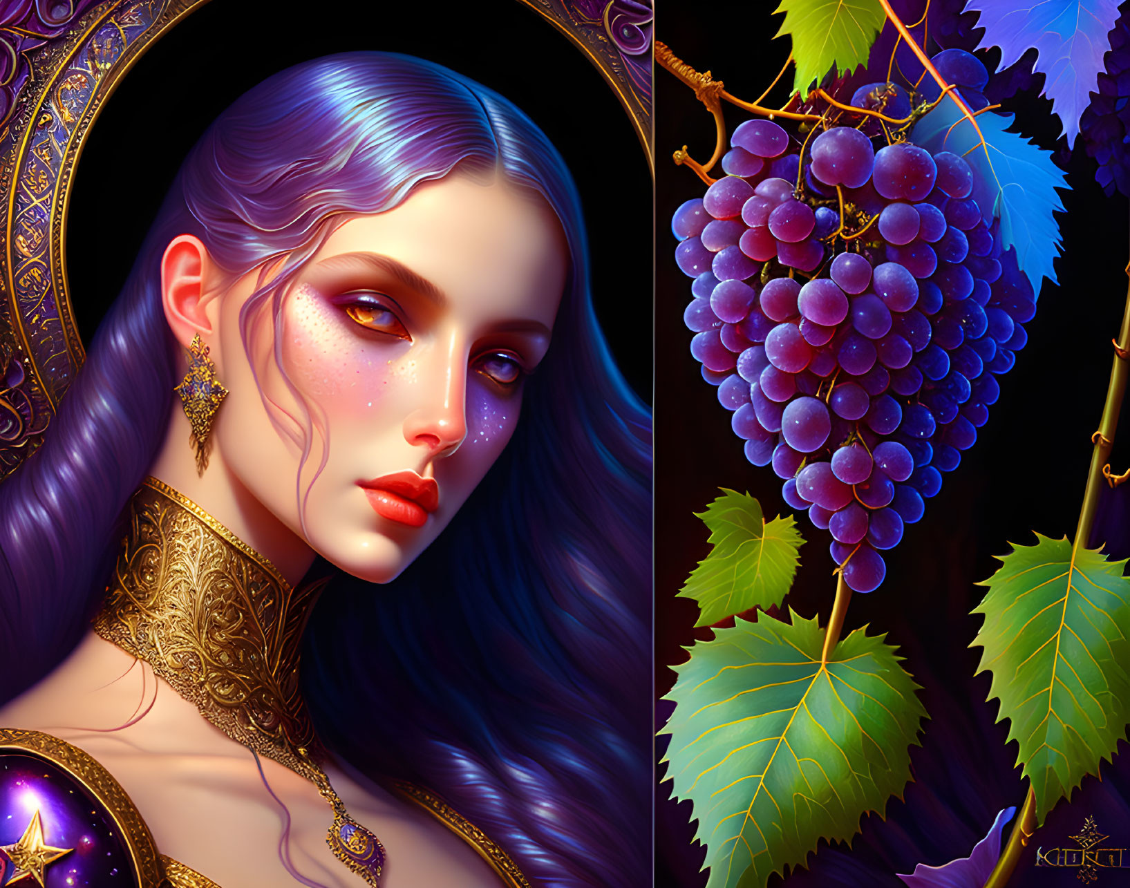 Digital artwork showcasing woman with blue hair, gold adornments, cosmic theme, and realistic purple grapes with