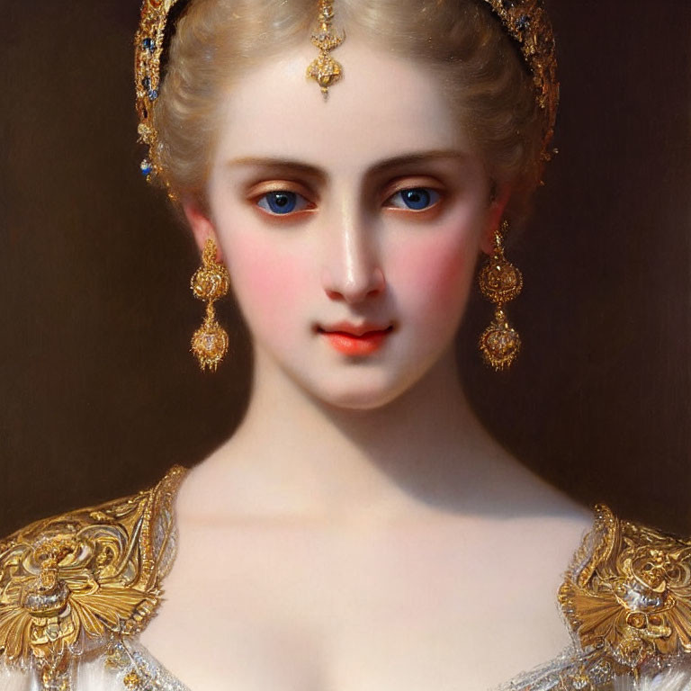 Portrait of woman with blue eyes, golden jewelry, elaborate dress on dark background