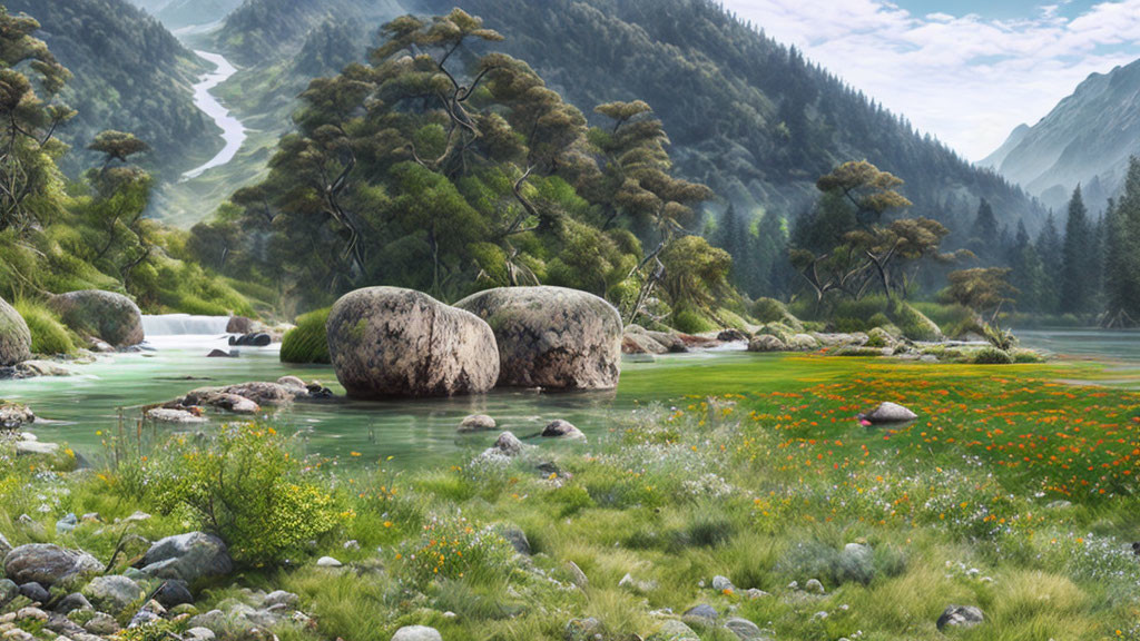 Tranquil landscape with river, boulders, trees, wildflowers, misty mountains