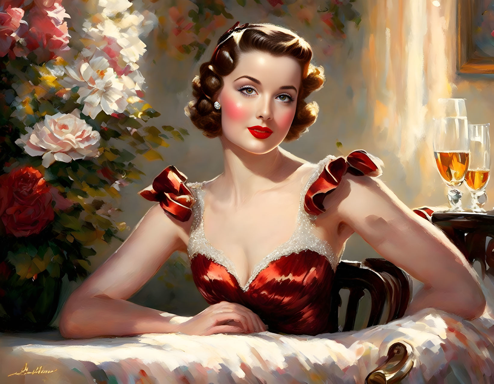 Vintage Red Dress Woman with Champagne Glasses and Flowers