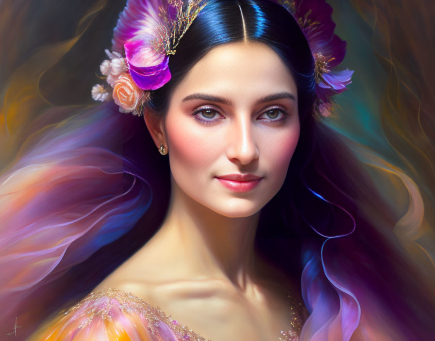 Vibrant woman's digital portrait with flowing hair and floral adornments