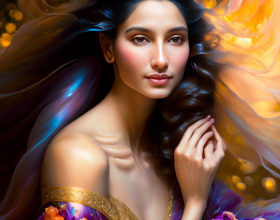 Vibrant digital artwork: Woman with multicolored hair in gold dress