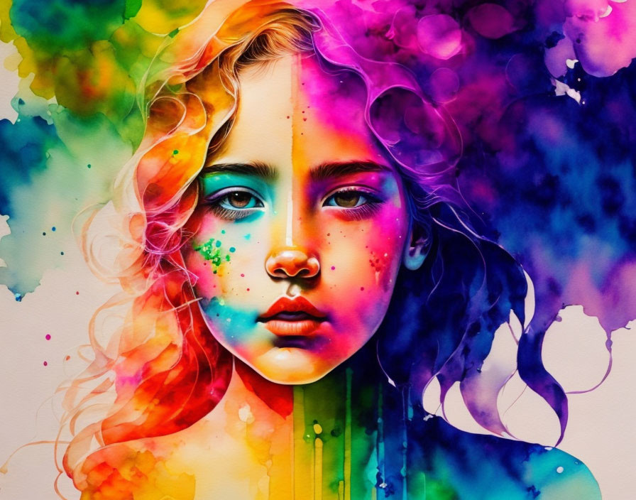 Colorful Watercolor Portrait of Young Girl with Rainbow Hues