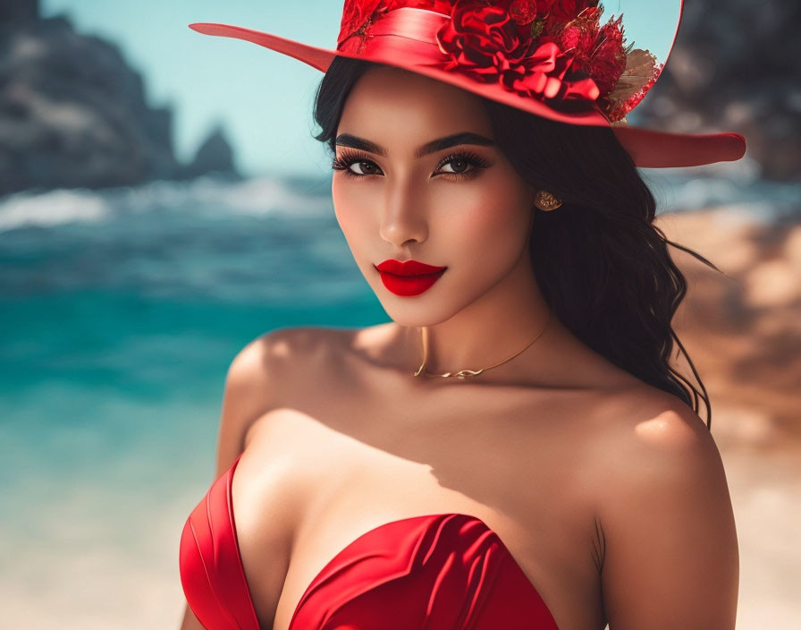 Woman in Red Dress with Matching Hat and Lipstick at Beach