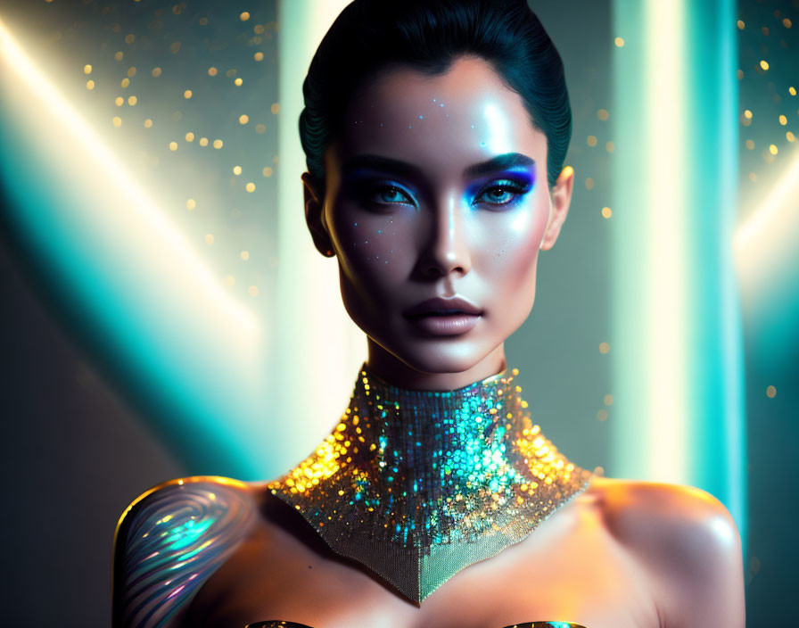 Glamorous woman in futuristic attire under neon light