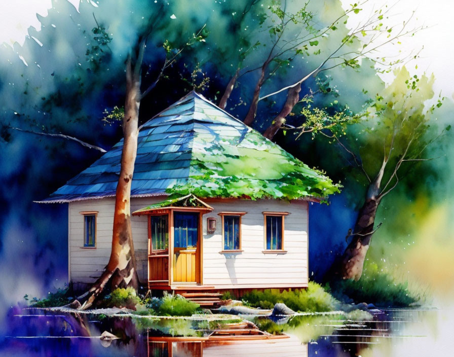 White Countryside House with Blue Roof Near Watercolor Trees