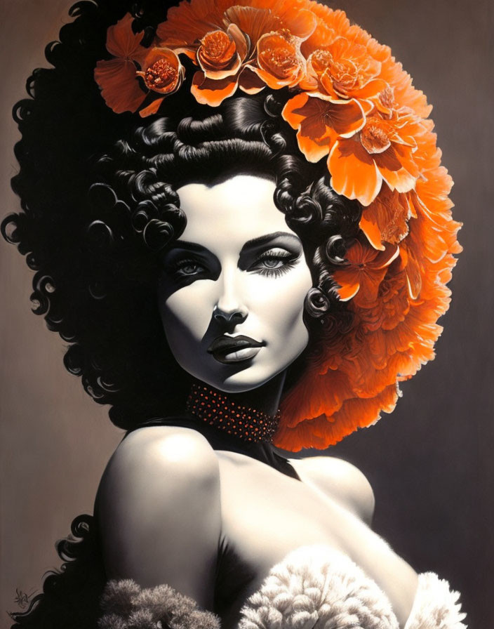 Portrait of woman with orange floral headpiece, dark curly hair, makeup, and fur stole.