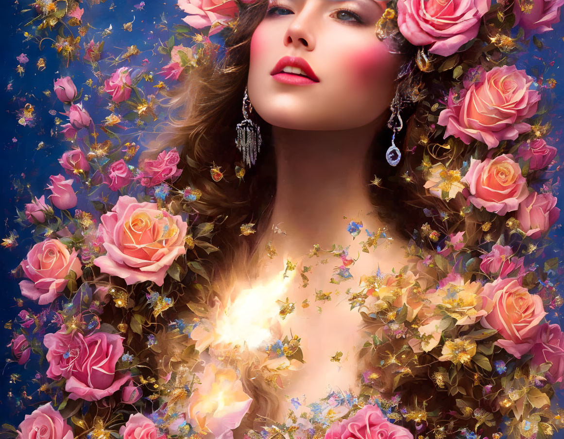 Woman adorned with roses and jewelry in magical floral scene