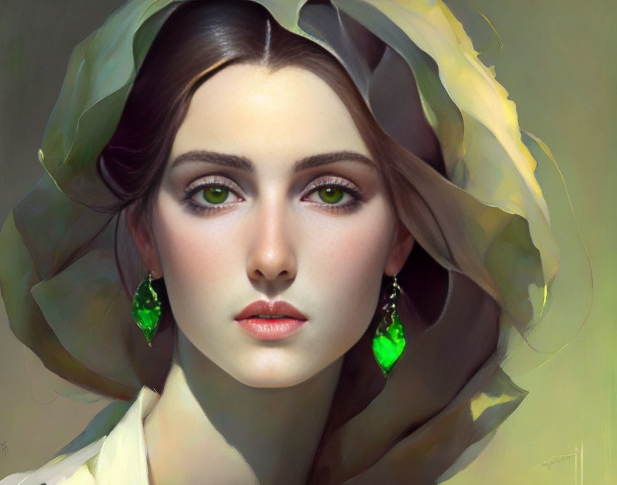 Digital painting of woman with striking green eyes and green earrings in cream outfit with green shawl