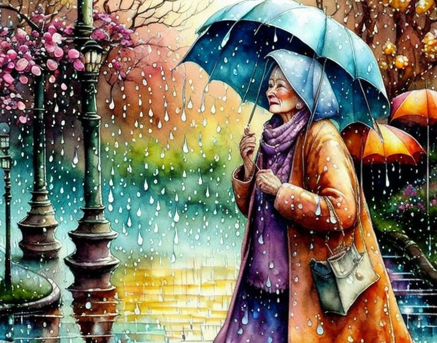 Elderly woman with umbrella in rain among flowers and street lamps