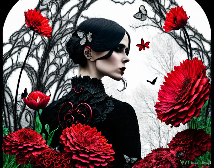 Stylized profile of woman with dark hair, red flowers, butterflies, and black tree silhou