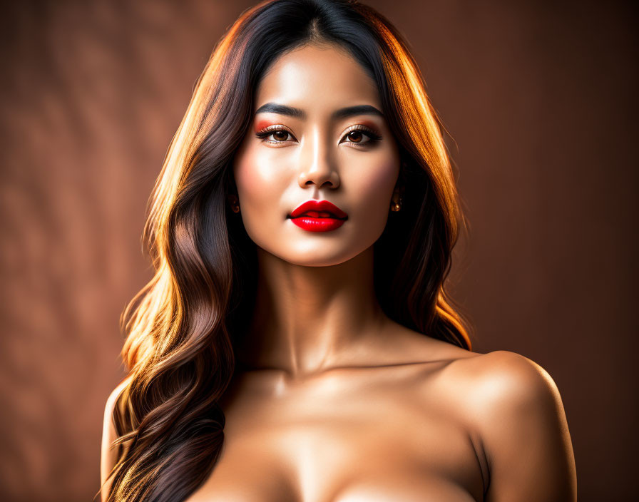 Portrait of woman with long wavy hair, red lipstick, off-shoulder look on brown background