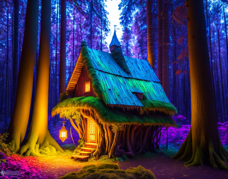 Moss-covered roof cottage in mystical forest with purple and blue lights