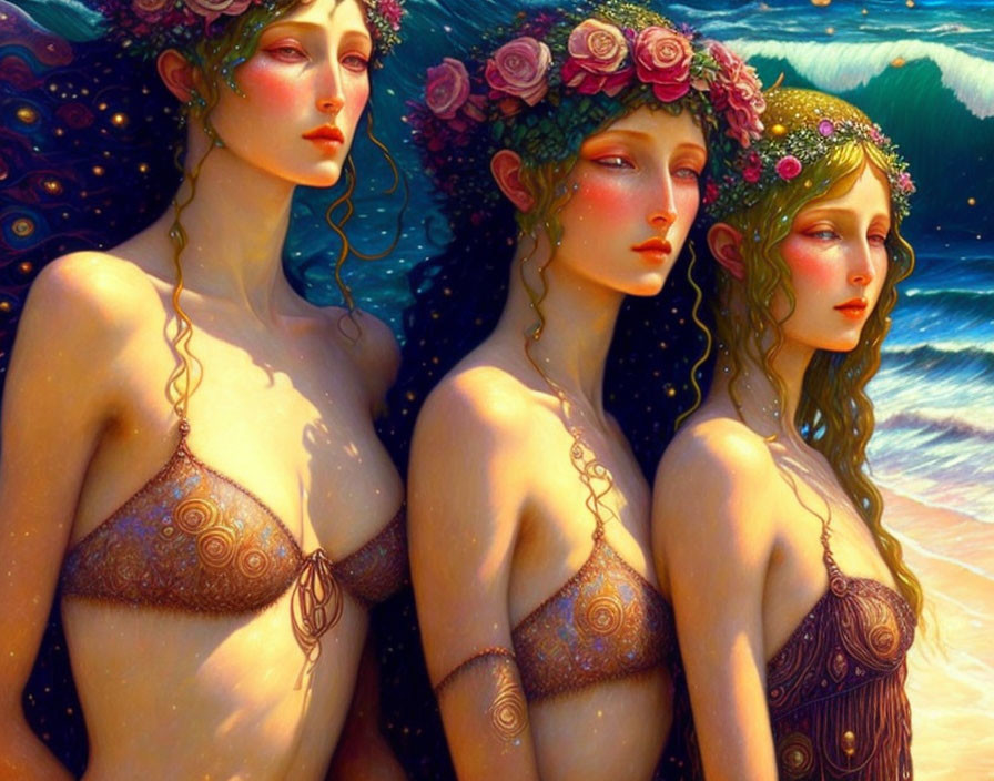 Ethereal women in floral crowns and ornate bikini tops by the sea