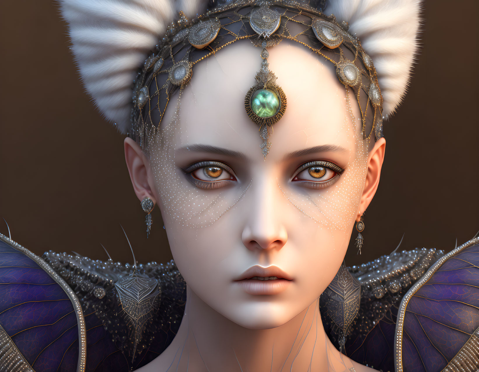 Fantasy character with elfin features and ornate headdress.