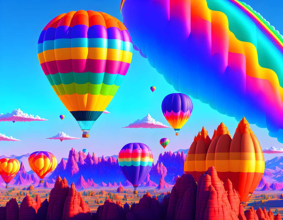 Vibrant hot air balloons in fantasy landscape with rainbow and rock formations