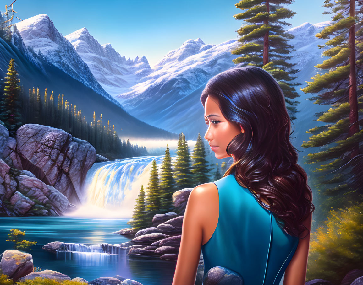 Woman in Blue Dress Admiring Mountain Landscape