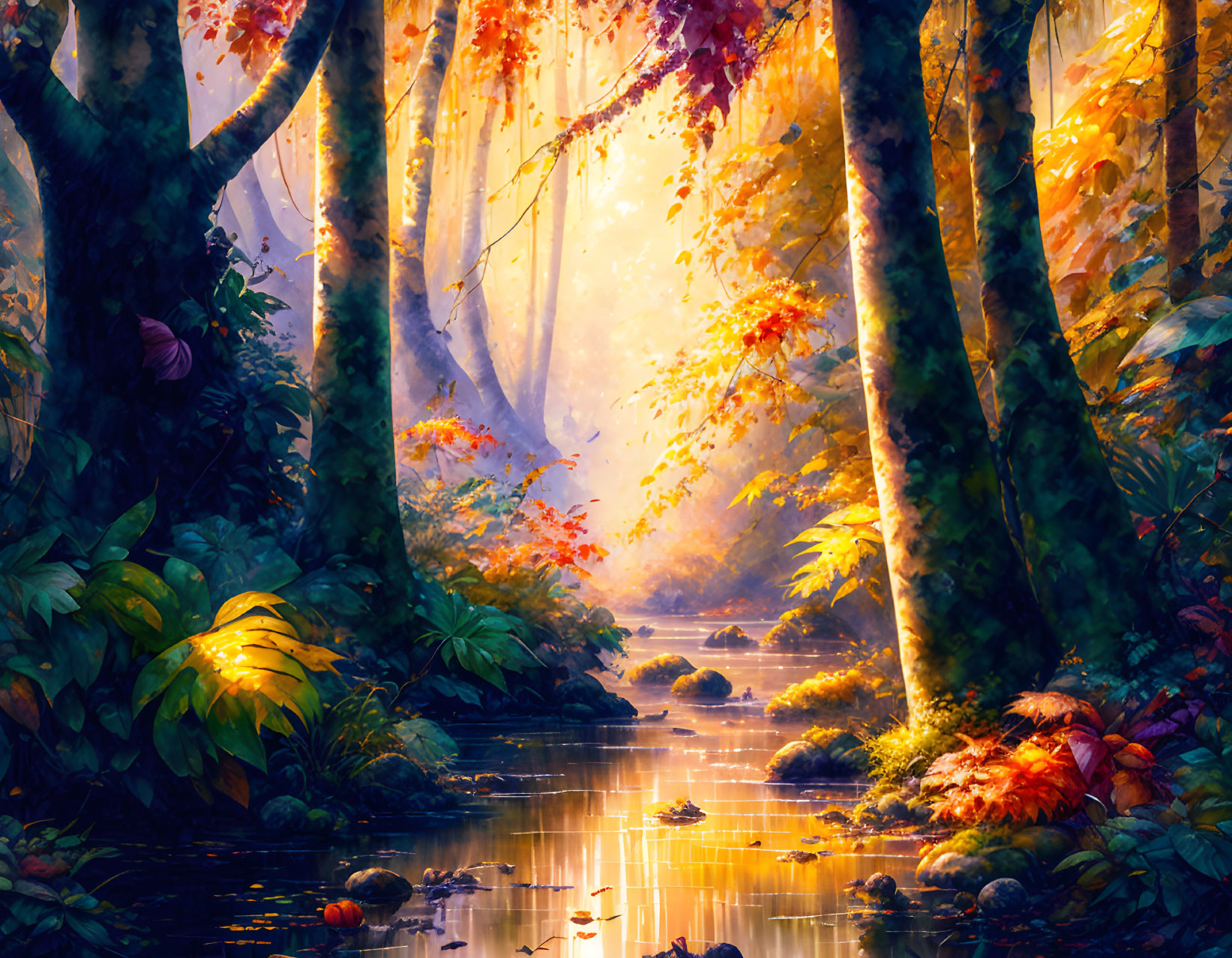 Tranquil forest stream with vibrant autumn foliage