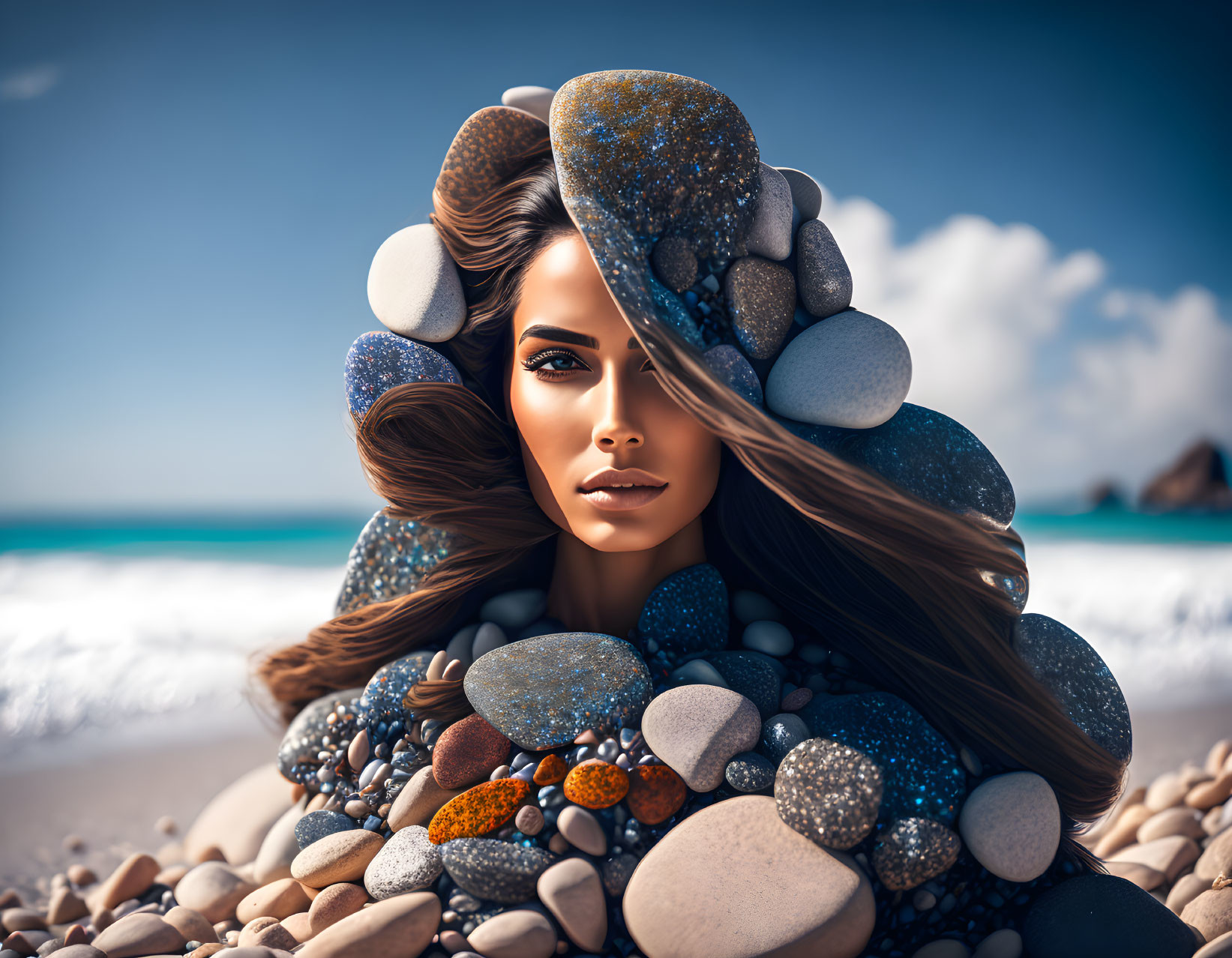 Multicolored Pebbles Adorn Woman on Sandy Beach