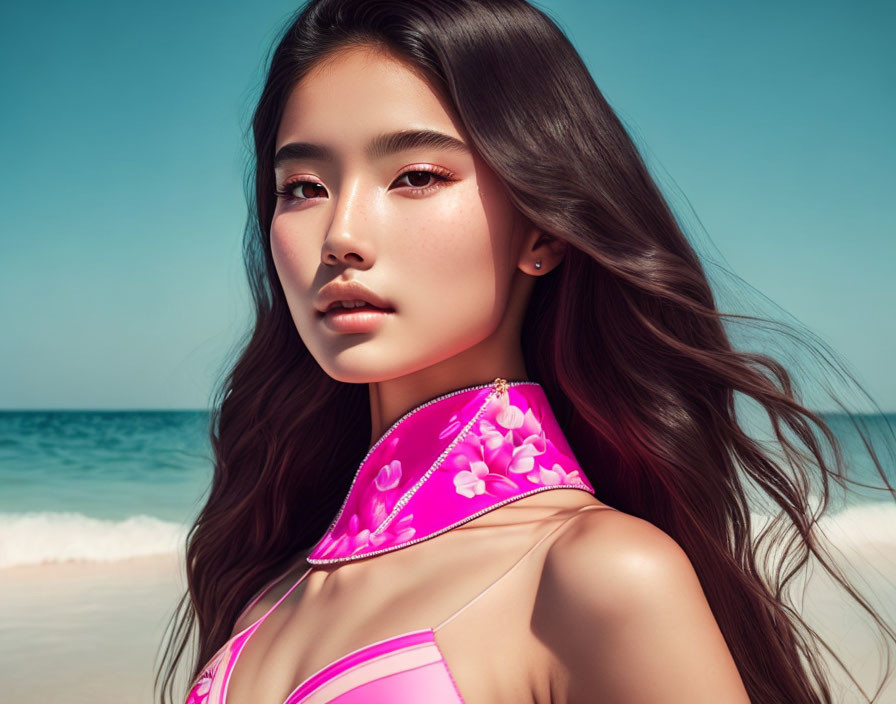 Woman in Pink Swimsuit with Long Wavy Hair on Beach