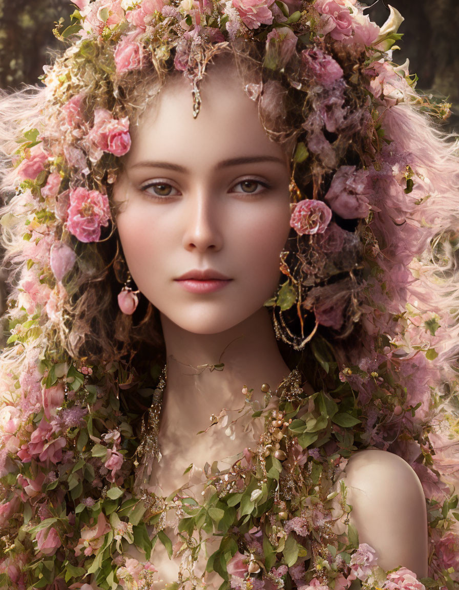 Woman portrait with floral headdress and pink blossoms: serene and ethereal.