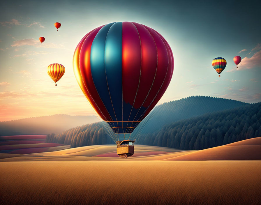 Vibrant hot air balloons over serene sunset landscape