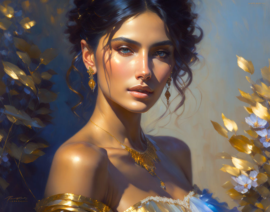 Digital painting of woman with golden accessories and piercing eyes in front of golden leaves