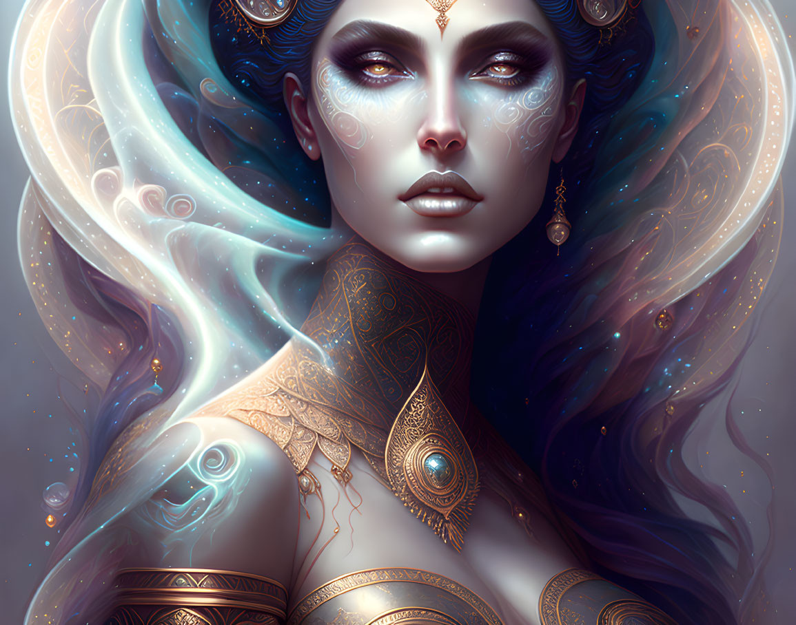 Cosmic-themed female figure with swirling galaxy hair and golden body jewelry