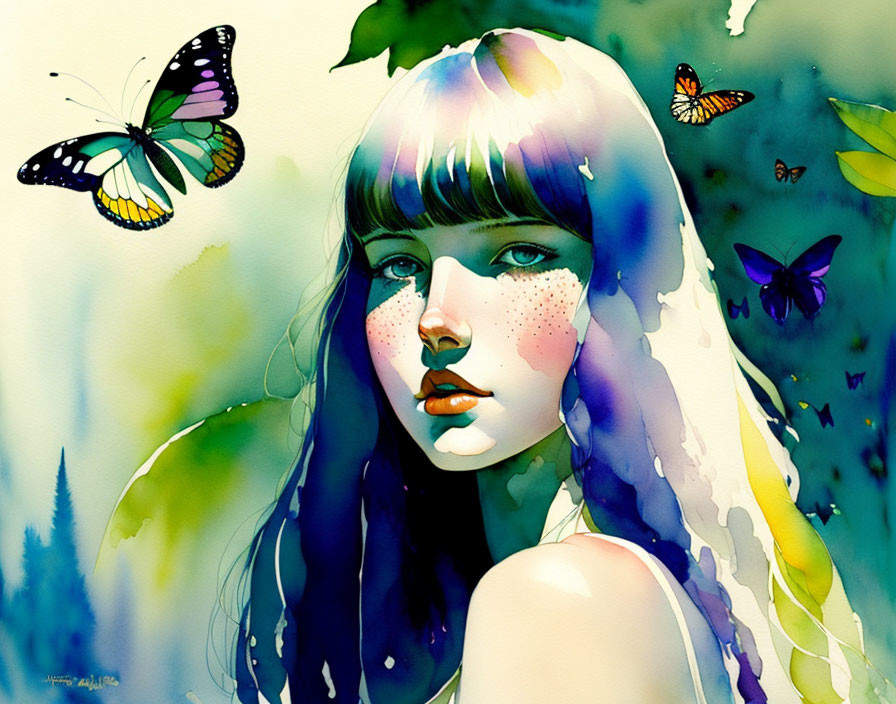 Vibrant watercolor painting of girl with butterflies and green and yellow splashes